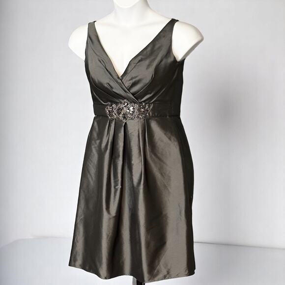 Vintage LAZARO Sleeveless Cocktail Dress Sz 10 Satin Jeweled Wedding Pewter Gray - Picture 12 of 15